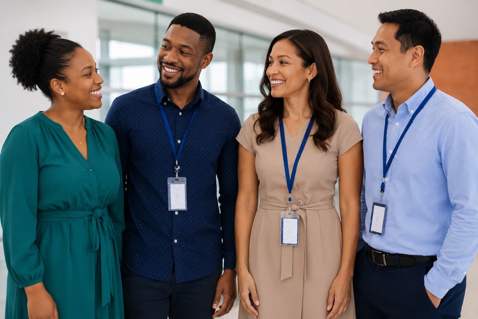 Four colleagues wearing lanyard ID badges standing together in a bright office, turned towards each other and smiling.